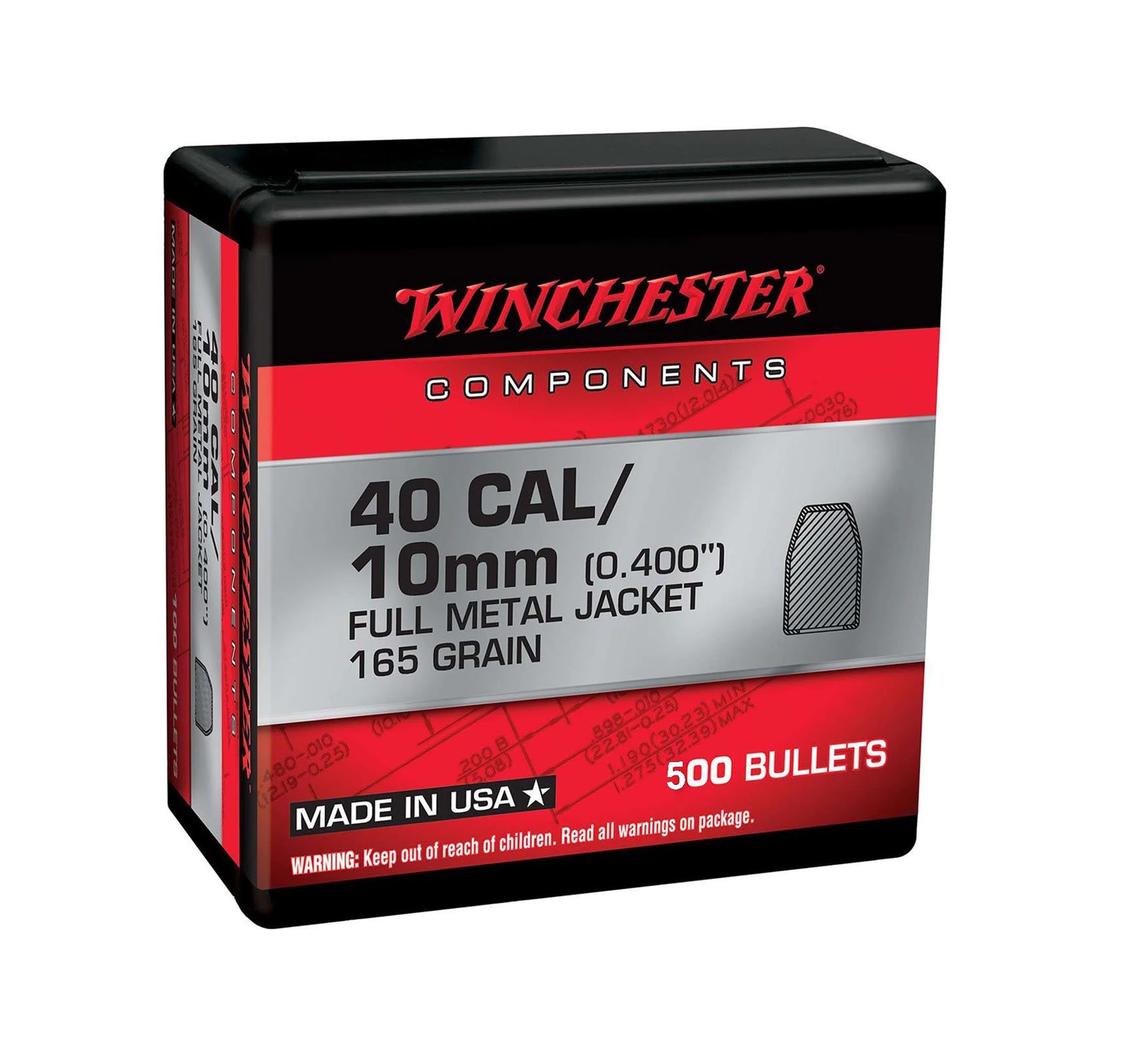 Winchester 10/40 (.400) 165 Gr FMJ Truncated Cone Bullet, 500 ct